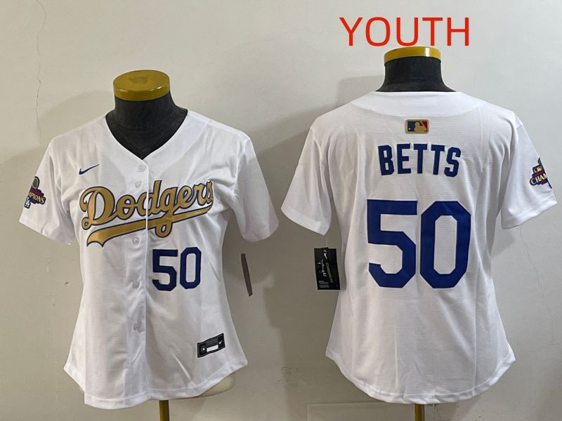 Youth Los Angeles Dodgers #50 Betts White Champion edition Nike MLB Jersey style 002->youth mlb jersey->Youth Jersey